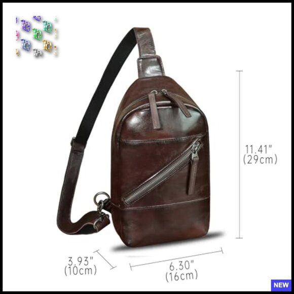 Genuine Leather Sling Backpack Retro Vintage Crossbody Bag Adjustable Strap - Picture 5 of 7